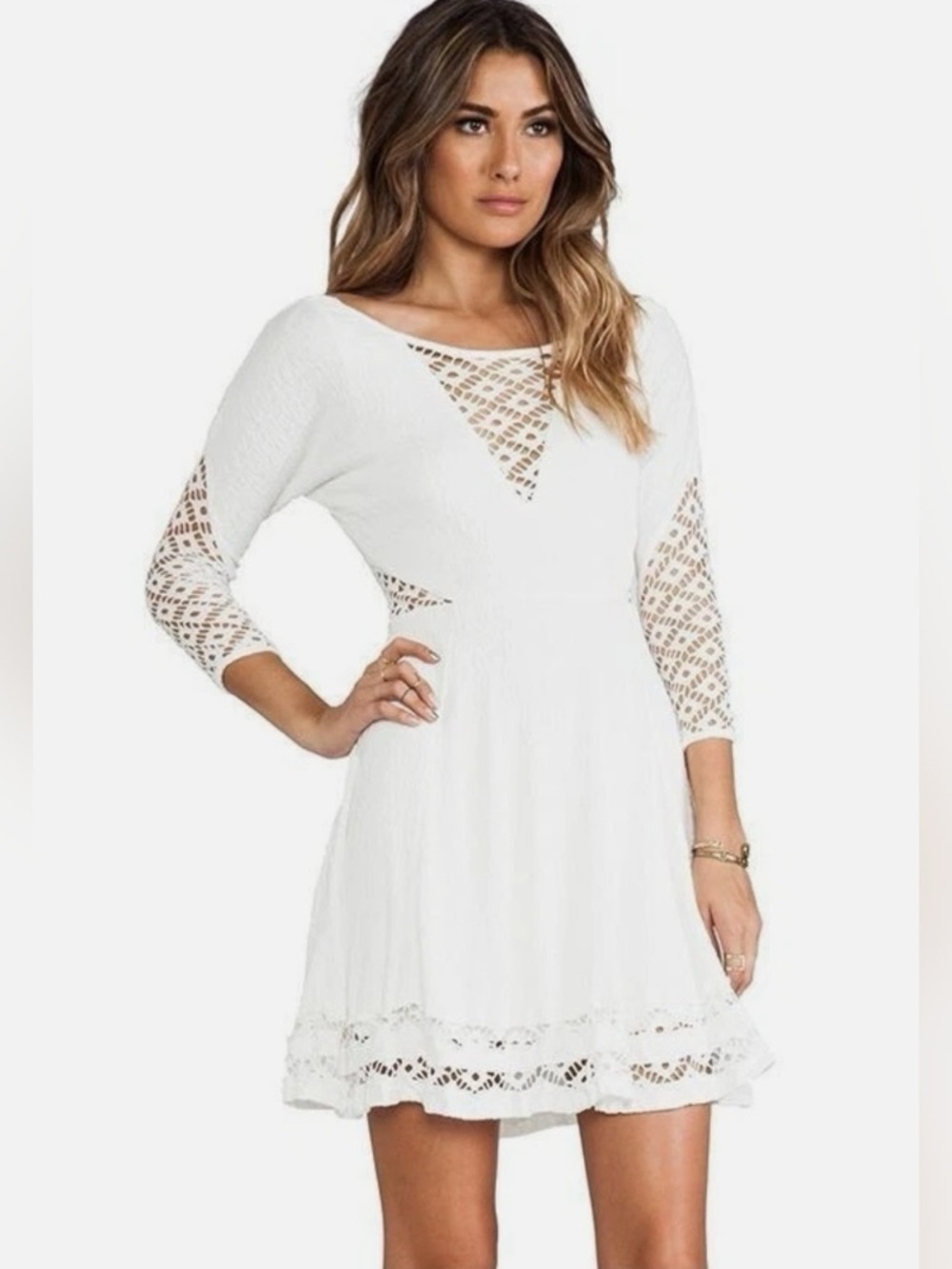 Free People To the Point White Long Sleeve Lace Mini Dress